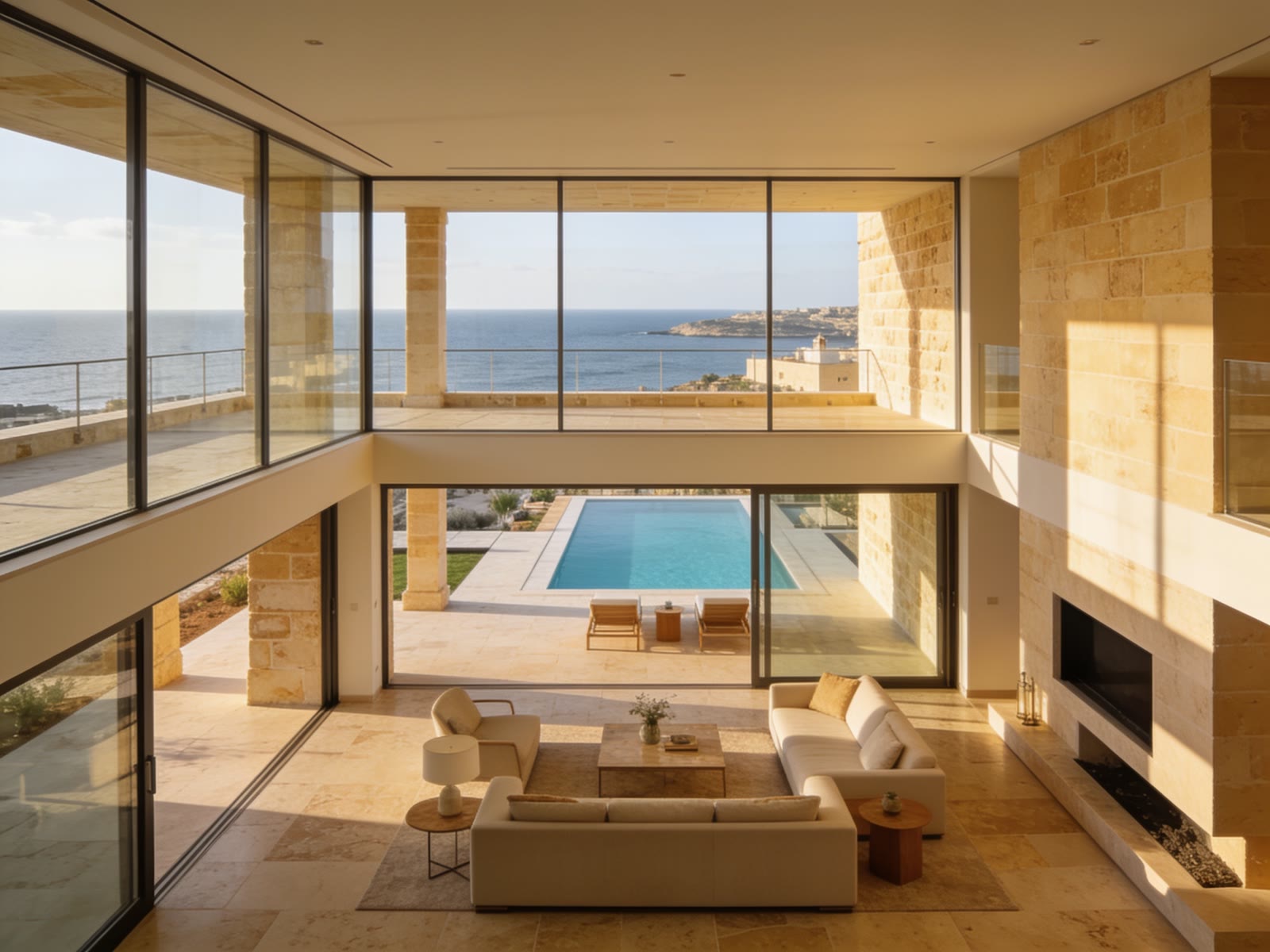 Open-plan villa interior with sea view in Swieqi