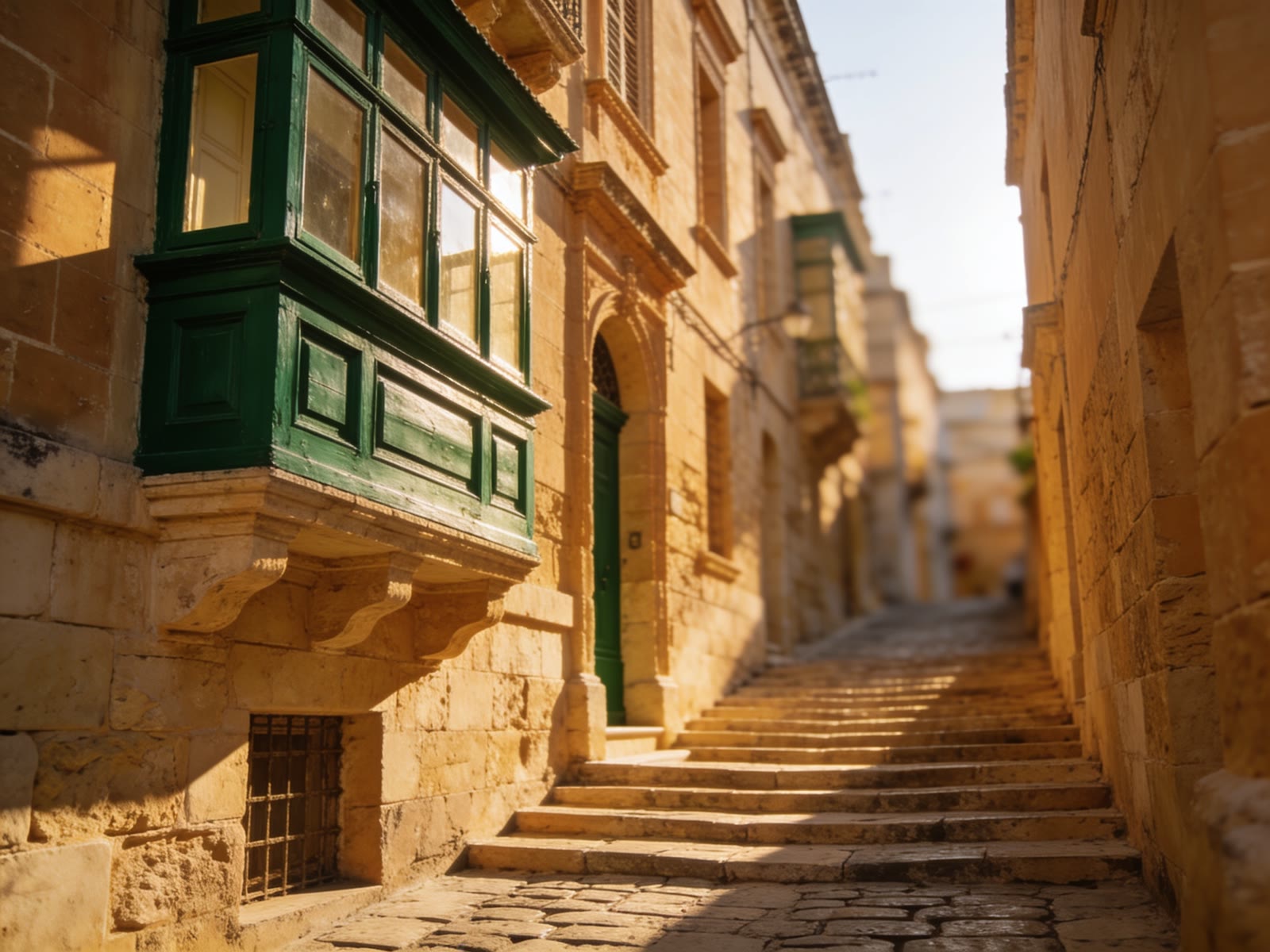 Restored townhouse with a green wooden balcony in Valletta